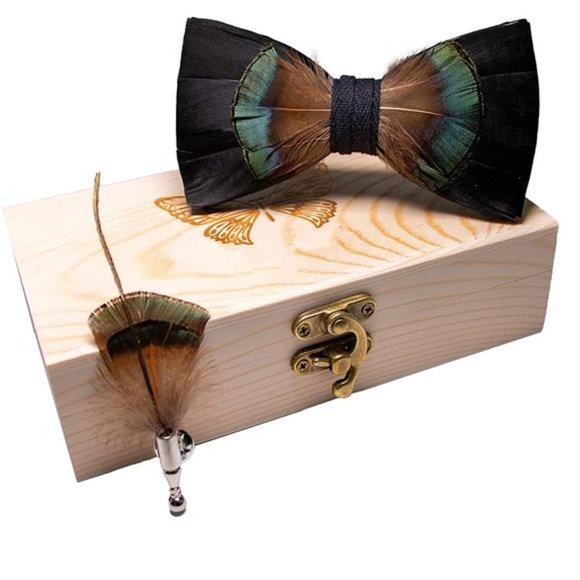 HANDMADE Feather Pre-tied Bow tie and Brooch Sets for Men - Picture 2 of 5